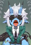  1girl black_horns black_necktie black_skirt blindfold blue_horns blue_oni blue_skin boots colored_skin commentary_request covered_eyes demon_tail earrings facing_viewer flat_chest green_jacket grey_hair hair_between_horns highres horns jacket jewelry multicolored_horns necktie oni oral_invitation pointy_ears poncocchan pov seiza shirt short_hair sitting skirt solo soukaku_(zenless_zone_zero) sticker_on_leg tail teeth tongue tongue_out two-tone_horns upper_teeth_only uvula white_shirt zenless_zone_zero 