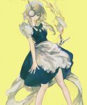  1girl 4oop absurdres apron blue_bow blue_bowtie blue_dress blue_eyes bow bowtie braid closed_mouth collared_shirt commentary cup dress green_bow grey_hair hair_bow highres holding holding_knife izayoi_sakuya knife long_hair looking_at_viewer maid maid_headdress pinafore_dress plate puffy_short_sleeves puffy_sleeves shirt short_sleeves simple_background sleeveless sleeveless_dress solo tea teacup touhou twin_braids waist_apron white_apron white_shirt yellow_background 