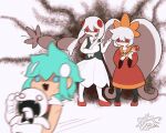  1boy 2girls 3girls absurdly_long_hair aqua_hair artist_name ashley_(warioware) aura bazi_sub beatspell big_hair blue_eyes blurry blurry_foreground braid chorus_man commentary_request crossover dress extra_eyes gloves green_hair hair_ornament hairband holding holding_needle holding_wand knife long_hair long_sleeves motion_blur multiple_girls narra_(beatspell) needle open_mouth orange_hairband pantyhose red_dress red_eyes rhythm_tengoku rhythm_tengoku_miracle_stars scissors shaded_face shoes short_hair sidelocks skull smile standing tiara twintails very_long_hair vest wand warioware white_gloves white_hair yu_(beatspell) 
