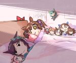  2girls 500_dollar_four_foot_tall_mareep_(meme) :t agnes_digital_(umamusume) animal_ears aston_machan_(umamusume) bed black_eyes blanket brown_hair character_doll closed_mouth commentary doll english_commentary horse_ears hug hugging_doll hugging_object indoors king_halo_(umamusume) lying meisho_doto_(umamusume) mejiro_dober_(umamusume) meme multiple_girls on_bed on_side pink_hair seiun_sky_(umamusume) shared_bed smart_falcon_(umamusume) t.m._opera_o_(umamusume) umamusume unamused under_covers whooie 