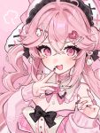  1girl :3 aewith_(vtuber) ahoge bare_shoulders black_bow black_headdress bow breasts center_frills choker cleavage collar commentary commission crossed_bangs detached_collar double-parted_bangs double_bun english_commentary facial_mark finger_to_mouth fingernails frilled_choker frilled_collar frilled_headwear frills gem-studded_nails hair_bun hair_intakes hair_ornament hands_up heart heart_ahoge heart_facial_mark heart_hair_ornament highres indie_virtual_youtuber jacket jacket_partially_removed long_fingernails long_hair looking_at_viewer moenaomii_(artist) multicolored_hair nail_art nail_ornament open_mouth pearl_hair_ornament pink_background pink_choker pink_eyes pink_hair pink_jacket pink_trim puff_of_air raised_inner_eyebrows shirt simple_background solo streaked_hair two_side_up virtual_youtuber watermark white_shirt white_streaks wing_hair_ornament x_hair_ornament 