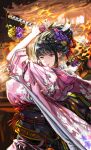  1girl absurdres black_hair blunt_bangs breasts burning burning_building commentary_request covered_nipples cowboy_shot earrings floral_print flower from_side greatwhite1122 hair_ornament highres holding holding_sword holding_weapon huge_breasts japanese_clothes jewelry katana kimono kunoichi_enrai last_origin light_smile looking_at_viewer mother's_day obi outdoors parted_lips pink_kimono red_eyes sash solo sword weapon wide_sleeves 