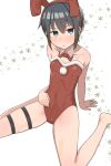  1girl absurdres akts625 animal_ear_hairband animal_ears black_hair blue_eyes blush bow bowtie breasts christmas commentary detached_collar double-parted_bangs fake_animal_ears fur-trimmed_leotard fur_trim hairband hand_on_floor hand_on_own_stomach highres invisible_floor kino_(kino_no_tabi) kino_no_tabi leaning_back leotard looking_at_viewer playboy_bunny pom_pom_(clothes) rabbit_ear_hairband rabbit_ears red_bow red_bowtie red_hairband santa_leotard short_hair simple_background sitting small_breasts snowflake_background solo strapless strapless_leotard thigh_strap wariza white_background 
