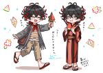  2boys commentary_request dante_alighieri_(fate) eating fate/grand_order fate_(series) food fringe_trim fruit highres holding holding_food holding_fruit ice_cream japanese_clothes kimono male_focus multiple_boys official_artist_extra sandals shirahama_kamome sign simple_background striped_clothes striped_kimono summer vertical-striped_clothes vertical-striped_kimono watermelon watermelon_slice white_background yukata 