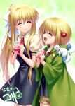  2girls :d ^_^ absurdres air_(visual_novel) animal_on_shoulder black_dress blonde_hair blush brown_shorts c: closed_eyes closed_mouth commentary_request commission company_connection cowboy_shot crossover dress drink_carton facing_another green_background green_robe hair_between_eyes hair_ornament hair_over_shoulder hair_ribbon hands_up happy hibiki_(hibiki_no_mahou) hibiki_no_mahou highres holding holding_drink_carton jewelry kamio_misuzu key_(company) lips long_hair long_sleeves medium_hair multiple_girls necktie open_mouth pendant pinafore_dress ponytail puffy_short_sleeves puffy_sleeves red_necktie ribbon robe school_uniform second-party_source shirt short_necktie short_shorts short_sleeves shorts sidelocks simple_background single_hair_intake skeb_commission sleeveless sleeveless_dress smile story_in_commentary straight_hair very_long_hair white_ribbon wide_sleeves yellow_shirt zen_(kamuro) 