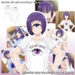  1girl blue_eyes blurry blurry_background blush breasts censored closed_mouth clothes_writing cyclops english_text eyebrows_hidden_by_hair hands_on_own_hips looking_at_viewer manako medium_breasts medium_hair meme monster_girl monster_musume_no_iru_nichijou multiple_views my_eyes_are_up_here_(meme) okumura_eichii one-eyed purple_hair shirt smile white_shirt 