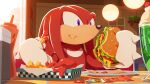  1boy animal_nose big_the_cat burger cherry commentary_request cup drink drinking_straw eating fast_food food food_on_face french_fries fruit furry furry_male gloves holding holding_food hot_dog ice_cream ice_cream_float indoors karasuno_yui ketchup knuckles_the_echidna lettuce male_focus purple_eyes restaurant sitting soda solo sonic_(series) sonic_the_hedgehog_official sundae table whipped_cream white_gloves 