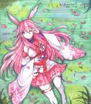  1girl ;) absurdres artist_name breasts closed_mouth commentary dated detached_sleeves fox_mask from_above grass highres honkai_(series) honkai_impact_3rd huijiang_monster japanese_clothes kimono long_hair looking_at_viewer marker_(medium) mask medium_breasts one_eye_closed petals pink_skirt plaid_clothes plaid_skirt ribbon-trimmed_sleeves ribbon-trimmed_thighhighs ribbon_trim short_kimono skirt smile solo thighhighs traditional_media white_kimono white_sleeves white_thighhighs yae_sakura yae_sakura_(gyakushinn_miko) 