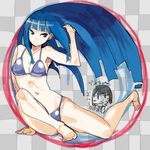  bad_id bad_pixiv_id barefoot bikini blue_hair checkered checkered_background long_hair original sitting solo swimsuit teriyaki very_long_hair zura_(teriyaki) 