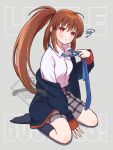  1girl :t adapted_costume ahoge between_legs black_jacket black_socks blue_necktie blush brown_hair closed_mouth collared_shirt commentary_request copyright_name dress_shirt full_body furrowed_brow grey_background grey_skirt hand_between_own_legs hand_up highres holding_own_neckwear jacket jacket_partially_removed kneehighs little_busters! little_busters!_school_uniform long_hair looking_at_viewer miniskirt natsume_rin necktie open_clothes open_jacket oversized_jacket partial_commentary piyo_(kinkooo333) plaid_clothes plaid_skirt pleated_skirt ponytail pout red_eyes school_uniform shadow shirt sidelocks simple_background sitting skirt sleeves_past_wrists socks solo squiggle upturned_eyes very_long_hair wariza white_shirt 