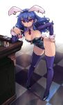  1girl absurdres animal_ear_piercing animal_ears black_leotard blue_hair blue_thighhighs breasts bunny_day card casino checkered_floor cleavage commentary_request detached_collar full_body grin hand_on_own_hip highres hinanawi_tenshi kaden_(muxt8423) leaning_forward leotard long_hair long_sleeves looking_at_viewer medium_hair necktie playboy_bunny playing_card rabbit_ears rabbit_girl rabbit_tail red_eyes red_necktie smile solo standing tail thighhighs touhou 