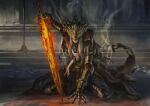 2boys absurdres armor breastplate brothers cape cloak commentary couter cuisses dark_souls_(series) dark_souls_iii draw_souls english_commentary eye_mask facing_viewer fantasy fire flaming_sword flaming_weapon gauntlets greatsword highres holding holding_sword holding_weapon huge_weapon layered_armor lorian_(elder_prince) lothric_(younger_prince) male_focus mask multiple_boys planted planted_sword plate_armor poleyn red_tabard rerebrace siblings sitting smoke stairs steam sword tabard torn_cloak torn_clothes twins weapon 
