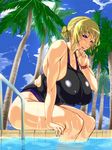  arm_support bare_shoulders blonde_hair blue_eyes blush breasts day from_side hair_bun huge_breasts leaning_forward legs looking_at_viewer nomiya37564 original outdoors palm_tree plump pool pool_ladder poolside sitting sky solo tree watch water wet 
