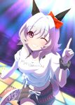  1girl absurdres animal_ears black_shorts blush bow breasts commentary_request curren_chan_(umamusume) dance_floor ear_bow ear_covers gaze_on_me!_outfit_(umamusume) grey_hair grin hair_between_eyes highres horse_ears horse_girl horse_tail looking_at_viewer male_swimwear mashiroken07 medium_breasts midriff one_eye_closed open_mouth print_shorts purple_eyes red_bow red_nails scrunchie shirt short_hair shorts smile solo swim_trunks tail teeth tied_shirt umamusume white_shirt wrist_scrunchie 