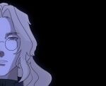  1boy black_background blonde_hair cassock coat commentary glasses looking_at_viewer lovemaid22 male_focus michael_roa_valdamjong michael_roa_valdamjong_(human) ponytail portrait priest purple_coat red_eyes shade simple_background solo tsukihime unfinished wavy_hair 