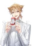  1boy :p ahoge blonde_streaks box brown_hair commentary_request company_name copyright_notice cuff_links double-parted_bangs eyeshadow fingernails fushimi_gaku gem groom hair_between_eyes hair_flaps hands_up holding holding_box jacket jewelry lapels long_sleeves looking_at_viewer low_ponytail makeup male_focus medium_hair mole mole_under_eye multicolored_hair necklace necktie nijisanji nonon_813 official_alternate_costume official_art open_clothes open_jacket peaked_lapels pearl pearl_necklace ponytail red_eyeshadow ribbon ring ring_box sample_watermark sharp_fingernails shirt simple_background slit_pupils solo streaked_hair suit suit_jacket tongue tongue_out tuxedo_shirt unworn_jewelry unworn_ring upper_body vest virtual_youtuber watermark wedding_ring white_background white_jacket white_necktie white_ribbon white_shirt white_suit white_vest wingtip_collar yellow_eyes 