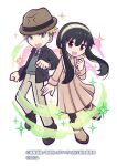  1boy 1girl black_hair black_pantyhose black_shoes blonde_hair blue_eyes blue_necktie boots brown_boots brown_coat coat collared_shirt commentary_request earrings grey_jacket grey_pants grey_sweater hairband hat highres jacket jewelry long_sidelocks long_sleeves looking_at_viewer necktie official_art open_mouth pants pantyhose puyopuyo puyopuyo_quest red_eyes second-party_source shirt shoes sidelocks smile sparkle spy_x_family sweater translated twilight_(spy_x_family) v-neck white_shirt yor_briar 