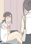  2girls :d bag beer_can black-framed_eyewear black_panties blush brown_hair can collared_shirt commentary_request couch curtains dress_shirt drink_can glasses grey_skirt hair_bun holding holding_can indoors juukyuu kaho_(juukyuu) long_hair low_ponytail multiple_girls on_couch original panties ponytail shiho_(juukyuu) shirt short_sleeves siblings sisters sitting skirt sleeveless sleeveless_shirt small_sweatdrop smile solid_circle_eyes squeans sweat underwear unworn_panties unworn_skirt white_shirt 