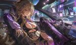  1girl absurdres black_bra black_pantyhose blonde_hair boots bra breasts car_interior character_request chinese_commentary cleavage cleavage_cutout closed_mouth clothing_cutout commentary_request copyright_request feet_out_of_frame from_side gt-apex hair_ornament hairclip highres large_breasts long_hair looking_at_viewer pantyhose purple_boots purple_eyes purple_shirt rear-view_mirror shirt sitting solo steering_wheel thigh_strap underwear urban 
