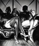  2girls boots commentary crossed_legs cup domina_(overwatch) drinking_glass earrings emma_frost face_in_shadow faceless full_body greyscale highres holding holding_cup houlong_siche indoors jewelry marvel marvel_rivals monochrome multiple_girls overwatch pantyhose short_hair sitting skirt thigh_boots 