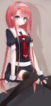  1girl ahoge bad_id bad_twitter_id black_gloves black_skirt black_thighhighs blue_eyes blush braid breasts commentary_request fingerless_gloves gloves grin hairband kantai_collection kawakaze_(kancolle) laplusvv_(la+) long_hair looking_at_viewer neckerchief pleated_skirt red_hair sailor_collar school_uniform serafuku shadow short_sleeves sidelocks simple_background sitting skirt small_breasts smile solo thighhighs twin_braids very_long_hair white_hairband white_sailor_collar 