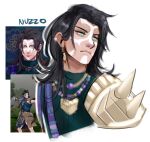  1boy armor bead_necklace beads black_hair character_name closed_mouth commentary dark-skinned_male dark_skin ear_piercing earrings english_commentary exanacht facepaint fire_emblem fire_emblem:_fortune's_weave green_shirt highres jewelry lips looking_to_the_side male_focus medium_hair necklace nose nuzzuo_(fire_emblem) outline piercing reference_inset screenshot_inset shirt shoulder_armor shoulder_spikes solo spikes upper_body white_background 