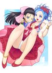  :q anklet black_hair blue_eyes blue_hair blush bow bracelet breasts choker cleavage cloud cosplay costume_switch deborah deborah_(cosplay) dragon_quest dragon_quest_v dress earrings flora flora_(cosplay) flower hair_bow hair_flower hair_ornament half_updo hand_on_another's_chest hand_on_shoulder highres jewelry large_breasts legs lipstick long_hair mahito makeup mole multiple_girls one_eye_closed panties pink_bow red_eyes red_flower red_rose rose siblings sisters sky surprised_arms tongue tongue_out underwear 