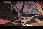  1boy black_border black_hair blood blood_on_weapon blue_capelet border brooch capelet chinese_text earrings embers falling_petals farewell_my_concubine_(the_tale_of_food) hair_spread_out head_out_of_frame highres implied_death jewelry jian_(weapon) letterboxed light_particles long_hair lying male_focus on_back petals red_petals red_robe robe solo subtitled tassel tassel_earrings the_tale_of_food torn_clothes upper_body very_long_hair weapon wenyiyuuuuu 
