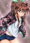  1girl ahoge blue_eyes blue_shorts brown_hair candy cherry_blossom_print commentary_request denim denim_shorts drawstring floral_print food food_in_mouth fuka_reventon gradient_background green_ribbon hair_between_eyes hair_ribbon hands_in_pockets high_ponytail highres hood hood_down hoodie jacket leaning_forward lollipop lollipop_in_mouth long_hair long_sidelocks long_sleeves looking_at_viewer lyrical_nanoha matcya_tounyu midriff_peek navel open_clothes open_hoodie open_jacket pink_background ponytail print_hoodie ribbon shirt short_shorts shorts sidelocks simple_background solo t-shirt upper_body v-shaped_eyebrows vivid_strike! white_shirt wispy_bangs 