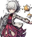  1girl absurdres bow closed_mouth commentary_request cowboy_shot dress feathered_wings grey_hair highres kishin_sagume long_sleeves looking_at_viewer outstretched_arm panties piaki red_bow red_dress red_eyes short_hair simple_background single_wing solo touhou translation_request underwear white_background white_panties wings yin_yang 
