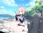  1girl absurdres ahoge anklet bare_legs barefoot beach bikini blue_archive blue_bikini blue_sky blunt_bangs blush bowl breasts bright_pupils chopsticks cleavage closed_mouth clothes_writing cloud collarbone cooking_pot cropped_rash_guard day eating emblem feet food full_body game_asset hair_bun hair_intakes high_collar highres holding holding_bowl holding_chopsticks horizon jewelry kokoro_(blue_archive) ladle large_breasts long_sleeves looking_at_viewer midriff miso_soup navel non-web_source ocean official_art outdoors pink_hair plant rash_guard red_eyes ring_of_light_(blue_archive) rock sand self-datamine short_hair single_hair_bun sitting sky smile solo steam stomach stove swimsuit wariza water zipper 