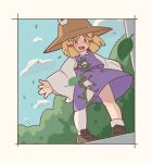  1girl animal_print black_shoes blonde_hair blunt_bangs blush border brown_hat cloud commentary_request frog_print from_below full_body hakugomaabura_(kourin1219) hat highres leaf mary_janes medium_hair moriya_suwako no_panties open_mouth outstretched_arms purple_skirt purple_vest red_ribbon ribbon shirt shoes sidelocks skirt socks solo teeth touhou tree upper_teeth_only upskirt vest white_border white_shirt white_socks wide_sleeves wind wind_lift yellow_eyes 