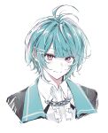  1boy ahoge antenna_hair aqua_hair black_jacket chain collared_shirt commentary_request cropped_shoulders highres jacket light_blush looking_at_viewer male_focus missing_headwear open_clothes open_jacket pink_eyes second-party_source sei_(undays) shirt short_hair sidelocks simple_background smile solo split_mouth swept_bangs tso_ripp undays utaite virtual_youtuber white_background 