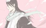  1boy aqua_scarf black_hair bleach expressionless from_side frown hair_ornament haori highres japanese_clothes kuchiki_byakuya long_hair male_focus petals pink_background ppang_(kk_o645) scarf shihakusho solo taichou_haori upper_body 