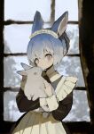  1girl absurdres animal animal_ears apron black_dress blue_hair blush closed_mouth collared_dress commentary_request contrast_collar curtains day dress folded_braid frilled_apron frills grey_eyes grey_hair highres holding holding_animal indoors long_sleeves looking_at_viewer maid maid_apron maid_headdress multicolored_hair original rabbit rabbit_ears rabbit_girl sakutake_(ue3sayu) tree upper_body white_apron window 