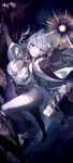  1girl absurdres antenna_hair black_gloves breasts detached_sleeves determined epic_seven gloves grey_hair hair_between_eyes hair_ornament hairband highres korean_text leg_up long_hair looking_at_viewer medium_breasts official_art open_mouth pants politis_(epic_seven) reaching reaching_towards_viewer shirt standing standing_on_one_leg suitcase tight_clothes tight_pants white_hairband white_shirt 