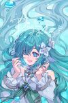  1girl :d blue_eyes blue_hair bubble chinese_commentary commentary_request detached_sleeves dress english_text fins floating_hair flower genshin_impact hair_flower hair_ornament hair_over_one_eye head_fins highres jckong long_hair long_sleeves open_mouth smile solo underwater upper_body vodyanitsa_(genshin_impact) wavy_hair white_dress white_flower 