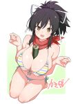  1girl asuka_(senran_kagura) between_breasts black_hair blush breasts brown_eyes cleavage commentary_request hair_between_eyes hair_ribbon highres huge_breasts kamidan long_hair looking_at_viewer multicolored_stripes open_mouth ponytail rainbow_bikini red_scarf ribbon scarf scroll seiza senran_kagura sexually_suggestive short_ponytail sidelocks sitting solo white_ribbon 