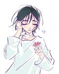  1girl alien_stage blush bob_cut closed_eyes collar commentary flower hana_no_uminya highres long_sleeves red_flower short_hair simple_background smile solo sua_(alien_stage) thick_eyebrows 