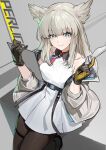  1girl absurdres animal_ears arknights arknights:_endfield bare_shoulders bird_ears bird_girl black_gloves black_pantyhose blue_eyes breasts chinese_commentary clipboard closed_mouth commentary_request dress gloves grey_hair highres holding holding_clipboard jacket long_hair looking_at_viewer lx.hk medium_breasts multicolored_gloves off_shoulder pantyhose perlica_(arknights) solo two-sided_gloves two-tone_gloves white_dress white_jacket yellow_gloves yellow_pupils 