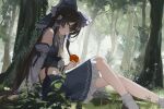  1girl against_tree alternate_color apple ascot blue_bow blue_skirt bow brown_eyes brown_hair commentary detached_sleeves food forest frilled_bow frilled_hair_tubes frilled_skirt frills fruit hair_bow hair_tubes hakurei_reimu highres holding holding_food holding_fruit long_hair midriff nature navel outdoors player_2 rcs_4 ribbon-trimmed_sleeves ribbon_trim sitting skirt skirt_set socks solo touhou tree white_socks yellow_ascot 