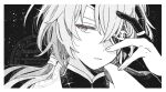  1boy anaxa_(honkai:_star_rail) artist_name blue_eyes border chain commentary_request eyepatch fingernails floating_hair gloves greco-roman_clothes greyscale hair_ornament hair_tubes half-closed_eye hand_up honkai:_star_rail honkai_(series) jacket jewelry long_hair looking_to_the_side low_ponytail male_focus mandarin_collar monochrome multicolored_eyes open_clothes open_jacket partially_fingerless_gloves ponytail purple_eyes ring shirt shisuya single_hair_tube solo spot_color star_(sky) starry_sky_background teeth watermark 