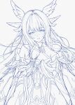  1girl artist_name bare_shoulders blunt_bangs bow bowtie breasts choker collarbone columbina_(genshin_impact) commentary cowboy_shot crescent criss-cross_halter dress eye_mask eyelashes feathered_wings floating_hair genshin_impact hair_ornament hair_tubes hal_aluha half-closed_eyes halterneck head_wings highres long_hair long_sleeves looking_at_viewer mask medium_breasts monochrome multiple_wings off-shoulder_dress off_shoulder sidelocks simple_background smile solo standing teeth very_long_hair wide_sleeves wings x_hair_ornament 