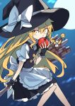  1girl apple apron back_bow bad_id bad_twitter_id black_gloves black_hat black_skirt black_vest blonde_hair bow braid broom broom_riding commentary_request e.o. eating fingerless_gloves food frilled_skirt frills fruit full_moon gloves hair_between_eyes hair_bow hat hat_bow highres holding holding_food holding_fruit kirisame_marisa long_hair looking_at_viewer moon night side_braid single_braid skirt solo touhou very_long_hair vest waist_apron white_apron white_bow witch_hat yellow_eyes 