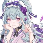  1girl back_bow bell black_choker blue_hair blue_hairband blunt_bangs bow bow_hairband breasts choker closed_mouth cloud_hair_ornament commentary earrings fingernails floating_hair flower_earrings frilled_hairband frills genshin_impact hair_between_eyes hair_ornament hair_stick hairband hand_on_own_face hands_up highres index_finger_raised japanese_clothes jewelry kimono large_breasts long_hair long_sleeves nail_polish neck_bell nihongami nya_inuha pink_kimono pink_nails pink_pupils pointing pointing_at_viewer pointy_ears purple_bow purple_ribbon ribbon sidelocks skirt smile solo untranslatable_commentary upper_body very_long_hair wavy_hair white_background wide_sleeves yumemizuki_mizuki 