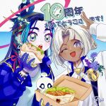  2boys :d ;d absurdres anniversary aqua_eyes black_hair blue_hair blue_jacket blush braid commentary_request con_(fate) dark-skinned_male dark_skin eating eyeshadow fate/grand_order fate_(series) flower food gloves green_eyes hair_bun hair_rings halo hand_up highres holding holding_food jacket long_hair long_sleeves looking_at_viewer makeup male_focus multicolored_hair multiple_boys nao_oppaisukiii one_eye_closed open_mouth partial_commentary red_eyeshadow red_halo ribbon sandwich shirt single_hair_bun smile streaked_hair taisui_xingjun_(fate) taisui_xingjun_(over_the_same_sky)_(fate) tattoo teeth tutankhamun_(celebratory_attire)_(fate) tutankhamun_(fate) upper_body upper_teeth_only white_hair white_jacket 