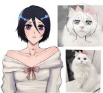  1girl bare_shoulders black_hair bleach breasts cat choker commentary dress english_commentary expressionless frown hair_between_eyes highres kuchiki_rukia off-shoulder_dress off_shoulder photo-referenced photo_inset purple_eyes short_hair simple_background skyek88 small_breasts solo upper_body white_background white_choker white_dress 