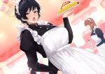  2girls absurdres akito_(d30n26) apron black_dress blush breasts brown_eyes dress dutch_angle food hand_on_own_hip highres holding holding_food holding_plate large_breasts long_sleeves looking_at_viewer maid maid_apron maid_headdress multiple_girls omelet open_mouth original plate short_hair solo_focus swept_bangs tomboy v-shaped_eyebrows voice_drama_available white_apron 