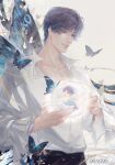  2boys artist_name black_pants bug butterfly chinese_commentary closed_mouth collared_shirt commentary_request dual_persona fatdragon96 frilled_sleeves frills highres light_smile long_sleeves looking_at_object love_and_deepspace male_focus merfolk merman mole mole_on_nose mole_under_eye monster_boy multiple_boys nose pants parted_bangs partially_unbuttoned popped_collar purple_eyes purple_hair rafayel_(love_and_deepspace) shirt short_hair watermark weibo_watermark white_shirt wing_collar 