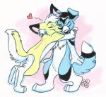 2008 ambiguous_gender anthro black_hair black_nose blondefoxy blue_body blue_fur canid canine canis coydog coyote digital_media_(artwork) digitigrade duo eyebrows eyes_closed fur hair heart_symbol hug hugging_another hybrid inner_ear_fluff lucky_(blondefoxy) mammal mixed_media north_(skuffcoyote) nude one_ear_up paws pen_(artwork) pink_inner_ear raised_tail short_hair smile smile_lines standing tail traditional_media_(artwork) tuft white_body white_fur white_hair white_inner_ear_fluff yellow_body yellow_fur